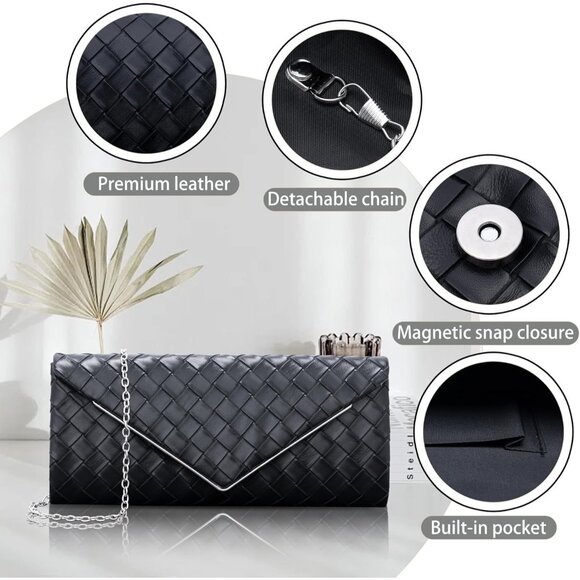 Women's Black 2 Clutch Purses Sparkling Envelope Evening Bag Detachable Chain - Picture 3 of 7